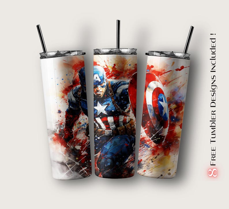 Pu&ograve; includere: Un bicchiere in acciaio inossidabile con un design di Capitan America in stile acquerello. Il design presenta colori rosso, bianco e blu con schizzi di vernice. Il bicchiere &egrave; bianco con un coperchio e una cannuccia neri.