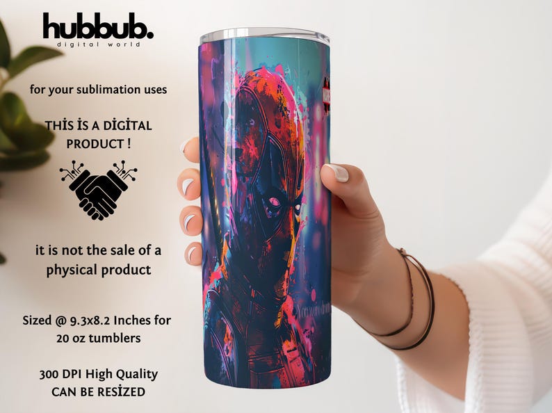 Puede incluir: Un dise&ntilde;o de sublimaci&oacute;n con un retrato abstracto y colorido de Deadpool. El dise&ntilde;o est&aacute; dimensionado para un vaso de 20 onzas y tiene 300 DPI. El dise&ntilde;o se puede cambiar de tama&ntilde;o.