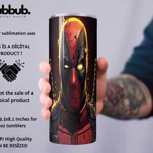 May include: A digital design featuring a close-up of Deadpool's face, with a red and black color scheme and yellow eyes. The design is sized for a 20 ounce tumbler and is 300 DPI. "THIS IS A DIGITAL PRODUCT!" is written in the image.