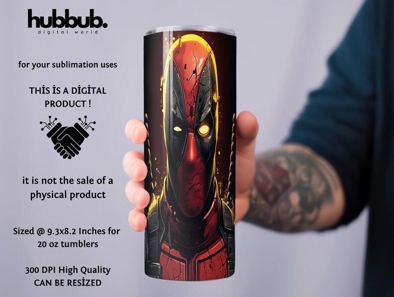 May include: A digital design featuring a close-up of Deadpool's face, with a red and black color scheme and yellow eyes. The design is sized for a 20 ounce tumbler and is 300 DPI. "THIS IS A DIGITAL PRODUCT!" is written in the image.
