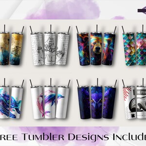 May include: Eight different designs for sublimation tumblers. The designs include a watercolor floral design, a bear with a galaxy background, a mermaid scale design, a turtle design, a galaxy owl design, a watercolor butterfly design, a raccoon design, and a geometric design.