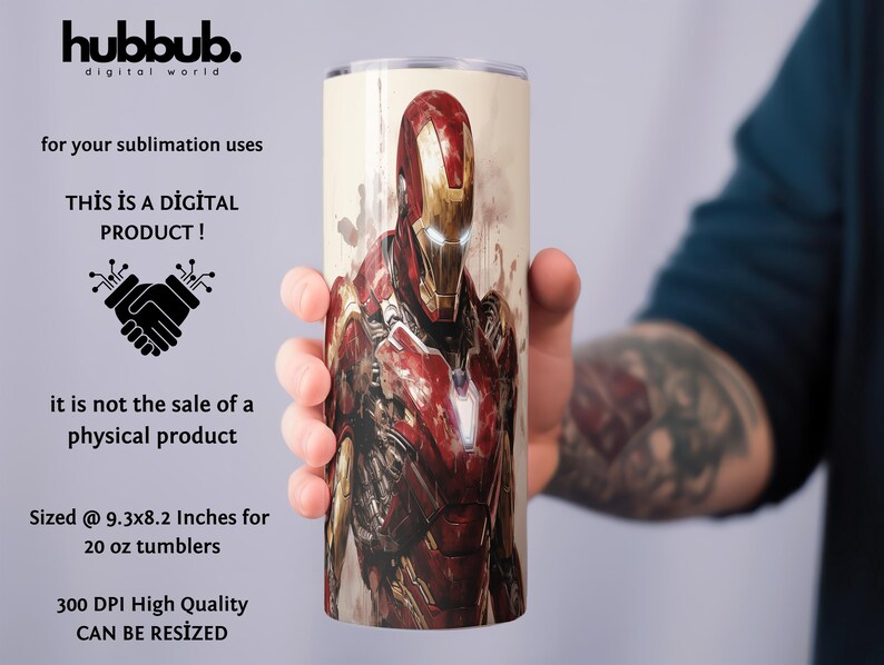 Peut inclure: Un gobelet cylindrique avec une illustration d&eacute;taill&eacute;e d'Iron Man dans son armure rouge et or. Le gobelet mesure 23,6 x 20,8 cm pour des gobelets de 567 ml. L'image comprend &eacute;galement le texte "THIS IS A DIGITAL PRODUCT!" et "300 DPI High Quality CAN BE RESIZED."