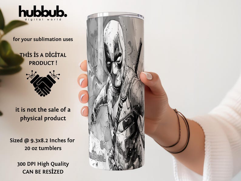 Op de afbeelding: Een zwart-witte beker met een Deadpool-illustratie. De cilindrische beker wordt door een persoon vastgehouden. De tekst op de beker luidt "Deadpool". De afbeelding bevat ook de tekst "THIS IS A DIGITAL PRODUCT!" en "Sized @ 23.6x20.8 cm voor 20 oz bekers".