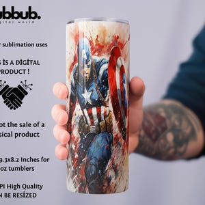 Pu&ograve; includere: Un design digitale che presenta un'illustrazione di Captain America in stile acquerello su uno sfondo bianco. Il design &egrave; dimensionato per bicchieri da 20 once e ha una risoluzione di 300 DPI. Il testo "THIS IS A DIGITAL PRODUCT!" &egrave; incluso nell'immagine.