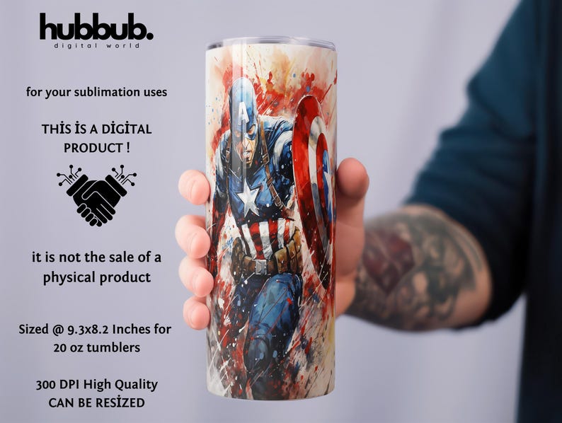 Pu&ograve; includere: Un design digitale che presenta un'illustrazione di Captain America in stile acquerello su uno sfondo bianco. Il design &egrave; dimensionato per bicchieri da 20 once e ha una risoluzione di 300 DPI. Il testo "THIS IS A DIGITAL PRODUCT!" &egrave; incluso nell'immagine.
