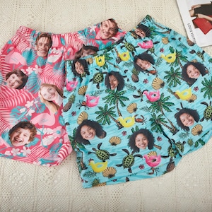 Aangepaste zwemkleding voor heren, Hawaiiaanse shorts, zwembroek met foto, herenbadpak gepersonaliseerd gezicht, flamingo strandshort, grappig verjaardagscadeau, strandfeest