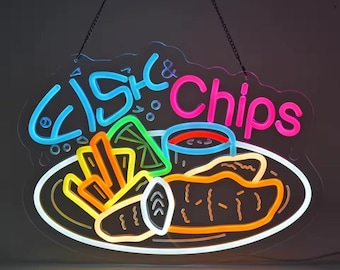 Letrero de neón LED de pescado y patatas fritas: decoración de pared para cocina, tienda, cafetería, brillo ajustable