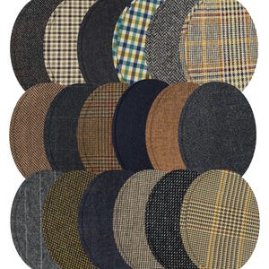 May include: A collection of eighteen oval-shaped fabric patches featuring various textile patterns including herringbone, plaid, tweed, and solid colors in shades of gray, brown, blue, yellow, and green, arranged in a grid of three rows of six.