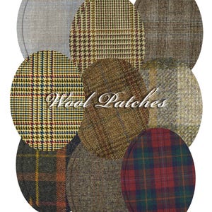 Puede incluir: Un surtido de parches de lana ovalados en varios patrones y colores. Los parches incluyen diseños de cuadros, espiga y tweed en tonos de marrón, verde, rojo y azul. El texto "Wool Patches" se muestra en la imagen.