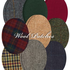 May include: A collection of oval-shaped wool patches in various colors and patterns. The patches include a range of textures, from solid colors to plaid and herringbone designs. The text "Wool Patches" is displayed in a cursive font.