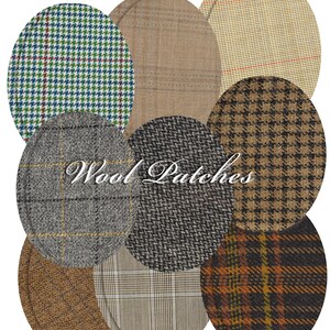May include: An assortment of oval-shaped wool patches in various patterns and colors. The patches include houndstooth, plaid, and solid textures in shades of brown, gray, and green. The text "Wool Patches" is displayed in a cursive font.