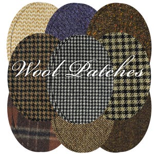 Puede incluir: Surtido de parches de tela de lana en varios patrones y colores, incluyendo marrón, beige, negro, blanco y azul. Los parches están dispuestos en un círculo con el texto "Wool Patches" en el centro.