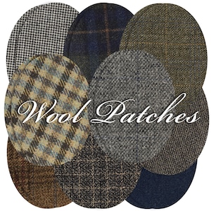 Peut inclure: Assortiment de huit patchs en tissu de laine de différents motifs et couleurs, dont le marron, le gris, le noir et le bleu. Les patchs sont de forme ovale et ont une surface texturée. Le texte "Wool Patches" est imprimé en blanc sur l'image.