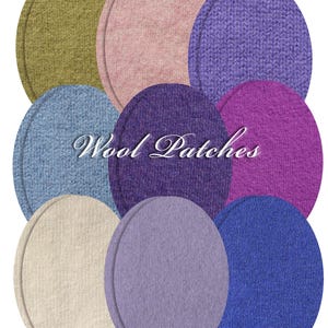 May include: A collection of nine oval-shaped patches in various colors including olive green, light pink, purple, blue, magenta, cream, lavender, and dark blue. The text "Wool Patches" is centered in white script over the overlapping fabric pieces.