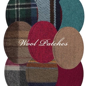 May include: A collection of oval-shaped wool patches in various colors and patterns. The patches include green plaid, blue herringbone, and brown tweed, with the words "Wool Patches" in the center.