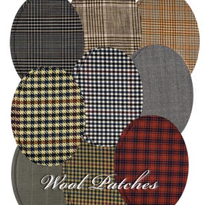 May include: A collection of nine circular wool patches in various plaid and herringbone patterns. Colors include navy, tan, red, and gray. The text "Wool Patches" is displayed in a cursive font.