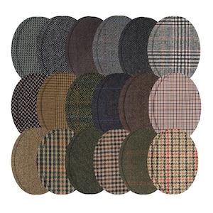 May include: A collection of eighteen oval-shaped fabric patches arranged in a grid. The patches feature various woven patterns including herringbone, plaid, and houndstooth in a diverse colour palette of grey, brown, green, blue, and tan tones.