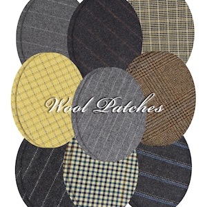 Può includere: Una collezione di toppe ovali in lana in vari modelli e colori. Le toppe includono disegni a quadri e a righe grigie, gialle, marroni e blu. Il testo "Wool Patches" è visualizzato in corsivo.