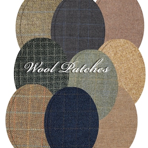 Pode incluir: Uma variedade de remendos de lã ovais em várias cores e padrões. Os remendos incluem tons de castanho, azul, verde e bege, com texturas como espinha de peixe e xadrez. O texto "Wool Patches" é exibido em itálico.