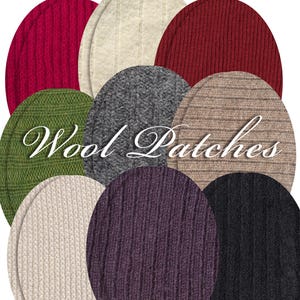 May include: Assortment of wool fabric swatches in various colors and textures, including red, green, gray, beige, purple, and black. The swatches are arranged in a circle with the text "Wool Patches" in the center.