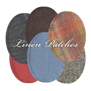 Peut inclure: Un assortiment de patchs en lin ovales de différentes couleurs et motifs. Les patchs comprennent des tissus rouges, bleus, bruns et à motifs. Le texte "Linen Patches" est écrit en police script.