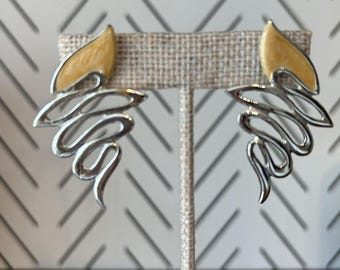 Vintage Abstract Silver Enamel Wing Dangle Earrings Modernist Wavy 80s Unique