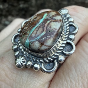 VTG Boulder Turquoise Statement Ring 7.5 Sterling Silver 925 Ribbon TQ Teardrop