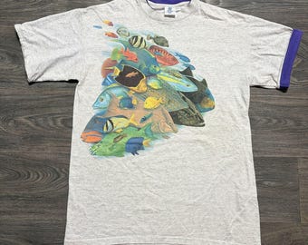 90s Tropical Fish TShirt XL Single StitchGray Purple Sleeve Rollup Belton