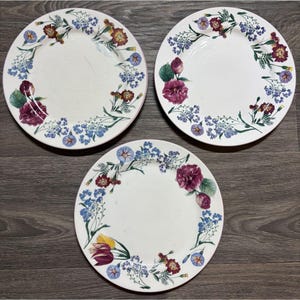 May include: Three round white ceramic plates featuring a decorative border of colorful botanical illustrations. The floral pattern includes deep purple, red, yellow, and blue flowers with green foliage arranged in a wreath design around the rim.