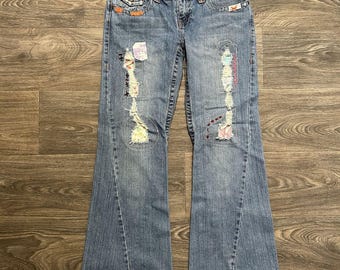 Be Good Size Large Patchwork Embroidered Denim Distressed Flare Jeans Y2K 00s