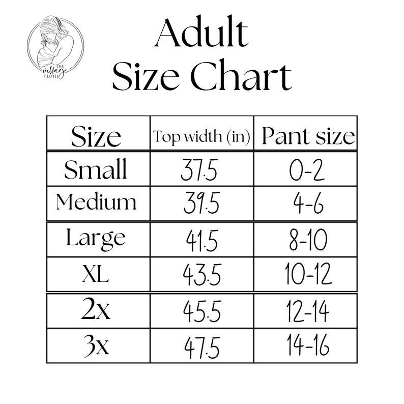Puede incluir: Tabla de tallas para adultos con medidas para tops y pantalones. La tabla muestra tallas desde Small hasta 3X con el ancho de la parte superior correspondiente en pulgadas y la talla del pantal&oacute;n.
