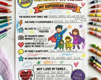 All About My Family Superhero Squad Printable Worksheet Activity Page Kids Fill In Family Coloring Sheet PDF PNG Instant Download