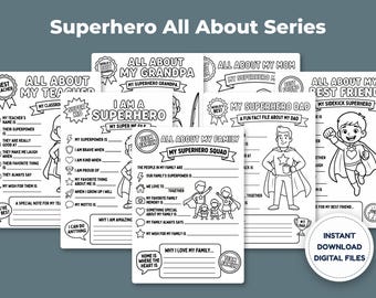 Superhero All About Me Printable, Kids Family & Friends Worksheets, All About My Family Activity Pages, Superhero Theme PDF