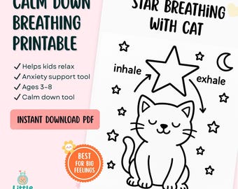 Página para colorear de un gato que respira estrellas – Material imprimible de mindfulness para niños (PDF)