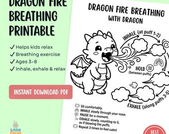 Dibujo para imprimir de un dragón que escupe fuego para niños / Página para colorear para relajarse / Hoja de ejercicios de respiración / Herramienta para la ansiedad / Imprimible para preescolar (K-2)
