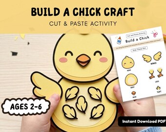 Build a Chick Craft, Cut and Paste Activity for Toddlers, Preschool Fine Motor Scissor Skills, Printable Farm Activity Ages 2-6
