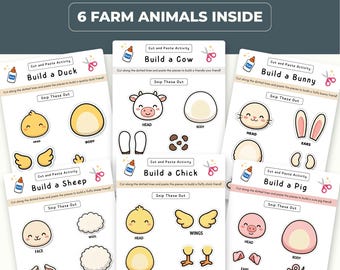 Manualidad de recortar y pegar animales de granja, actividad imprimible para preescolares para desarrollar la habilidad con las tijeras, libro de actividades de animales de granja, fichas de trabajo para niños pequeños sobre motricidad fina.