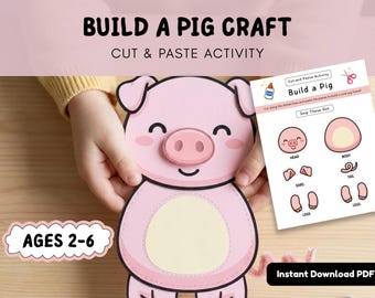 Build a Pig Craft, Cut and Paste Activity for Toddlers, Preschool Fine Motor Scissor Skills, Printable Farm Activity Ages 2-6