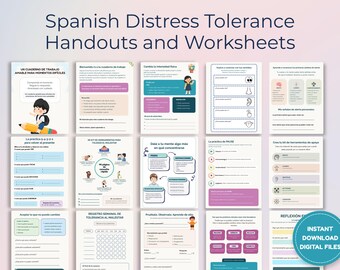 Cuaderno de trabajo de tolerancia a la angustia en español para niños y adolescentes, hojas de trabajo de habilidades de afrontamiento DBT en español, Tolerancia al Malestar, Consejero escolar