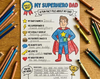 My Superhero Dad Printable Worksheet Activity Page Kids Fill In Gift for Dad Coloring Sheet JPG Instant Download