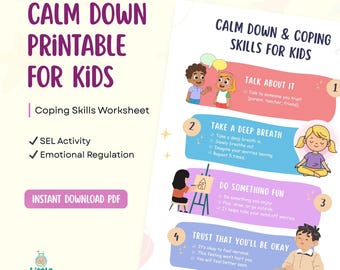 Calm Down Coping Skills Printable for Kids | SEL Worksheet | Anxiety | Calm Down Corner Poster | Therapy | Classroom | Emotional Regulation