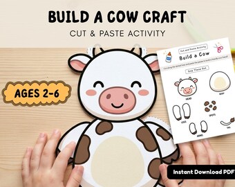 Build a Cow Craft, Cut and Paste Activity for Toddlers, Preschool Fine Motor Scissor Skills, Printable Farm Activity Ages 2-6