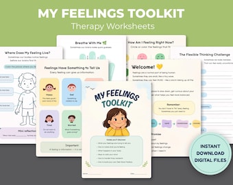 Hojas de trabajo en PDF de "Mi kit de herramientas para las emociones", actividades imprimibles de regulación emocional, aprendizaje socioemocional y habilidades de afrontamiento para niños, terapia de juego, habilidades de DBT.