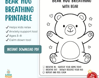 Imprimible de respiración con abrazo de oso para niños, página para colorear para calmarse, herramienta de apoyo para la ansiedad, hoja de trabajo de aprendizaje socioemocional, imprimible para el aula preescolar.