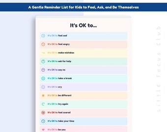 Its OK To Poster, Self Acceptance Printable for Kids, Feelings Permission List, SEL Counseling Instant Download