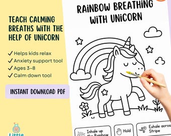 Imprimible de respiración arcoíris para niños / Página para colorear de unicornio para relajarse / Hoja de trabajo de atención plena / Herramienta de aprendizaje socioemocional para la ansiedad / Imprimible para preescolar (K-2)