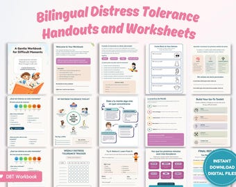 Materiales y hojas de trabajo bilingües sobre tolerancia a la angustia (inglés/español), hojas de trabajo de habilidades de afrontamiento DBT para niños y adolescentes, imprimible para relajarse.