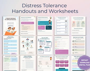 Cuaderno de trabajo para desarrollar la tolerancia a la angustia en niños y adolescentes, hojas de ejercicios de habilidades de afrontamiento basadas en la terapia dialéctica conductual (DBT), material imprimible para relajarse, folletos para orientadores escolares y terapeutas.