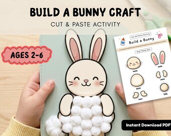 Build a Bunny Craft, Cut and Paste Activity for Toddlers, Preschool Fine Motor Scissor Skills, Printable Farm Activity Ages 2-6