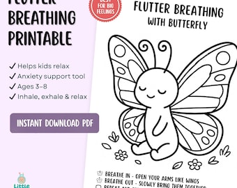 Imprimible de respiración suave para niños / Página para colorear de mariposa para calmarse / Hoja de trabajo de atención plena / Herramienta para la ansiedad / Imprimible para preescolar (K-2)